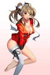 Rule 34 | 10s, 1girl, aaa, aiguillette, amagi brilliant park, bad id, bad pixiv id, barefoot, breasts, brown hair, cleavage, covering privates, covering crotch, hair ribbon, large breasts, legs, long hair, long sleeves, looking at viewer, no bra, no panties, no pants, open clothes, open mouth, open shirt, ponytail, ribbon, sento isuzu, shirt, single thighhigh, solo, thighhighs, thighs, uniform, white thighhighs, yellow eyes