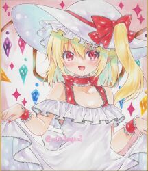 Rule 34 | 1girl, alternate costume, artist name, blonde hair, bow, bow choker, choker, clothes lift, colored inner hair, crystal wings, dated, dress, dress lift, fang, flandre scarlet, frilled hat, frills, gradient background, hat, hat bow, highres, looking at viewer, mdn tsugumi, medium hair, multicolored hair, off-shoulder dress, off shoulder, one side up, open mouth, pink background, pointy ears, red bow, red eyes, red nails, shikishi, skin fang, solo, sparkle, sun hat, touhou, traditional media, twitter username, white dress, wrist cuffs