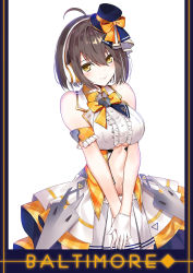 Rule 34 | 1girl, ahoge, arm strap, azur lane, baltimore (azur lane), baltimore (muse) (azur lane), bare shoulders, blue hat, blush, bow, braid, breasts, brown hair, buckle, center frills, center opening, character name, closed mouth, clothing cutout, collared shirt, commentary request, cowboy shot, eyebrows hidden by hair, french braid, frills, gloves, hair between eyes, hat, headset, heart, heart-shaped buckle, heart belt, highres, idol, irohasu (mmgn7434), large breasts, layered skirt, looking at viewer, mini hat, mini top hat, miniskirt, navel, orange bow, orange vest, pleated skirt, shirt, short hair, showgirl skirt, sidelocks, simple background, skirt, sleeveless, sleeveless shirt, smile, solo, standing, stomach, stomach cutout, top hat, underboob, underboob cutout, v arms, vest, white background, white gloves, white shirt, white skirt, yellow eyes