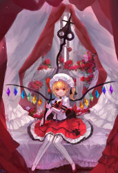 Rule 34 | 1girl, bed, blonde hair, bow, canopy bed, elbow gloves, embellished costume, female focus, flandre scarlet, flower, fom (lifotai), gloves, hat, highres, laevatein, light smile, red eyes, rose, short hair, side ponytail, solo, thighhighs, touhou, white gloves, white thighhighs, wings