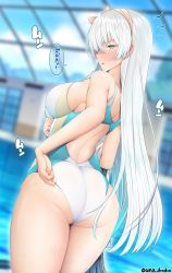 Rule 34 | 1girl, anastasia (fate), ass, back, bare shoulders, blue eyes, blue one-piece swimsuit, blurry, blurry background, blush, breasts, competition swimsuit, fate/grand order, fate (series), hair over one eye, hairband, highleg, highleg swimsuit, large breasts, long hair, looking at viewer, looking back, one-piece swimsuit, open mouth, pool, silver hair, solo, speech bubble, swimsuit, thighs, towel, translation request, two-tone swimsuit, unadon, very long hair, wet, white one-piece swimsuit