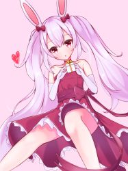 1girl animal_ears azur_lane bare_shoulders birthday bow box rabbit_ears choker dress elbow_gloves fake_animal_ears feet_out_of_frame gift gift_box gloves hair_between_eyes hair_bow highres hirosha laffey_(azur_lane) long_hair parted_lips pink_background red_bow red_choker red_dress red_eyes ribbon simple_background solo strapless strapless_dress thighs twintails waist_bow white_gloves white_hair