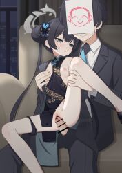 1boy 1girl absurdres bar_censor black_dress black_hair black_panties blue_archive butterfly_hair_ornament censored china_dress chinese_clothes chinese_commentary commentary doodle_sensei_(blue_archive) dragon_print dress flat_chest grey_eyes grey_halo hair_bun hair_ornament halo hetero highres indoors kisaki_(blue_archive) long_hair nipples open_mouth panties panties_around_leg paril00 penis pussy reverse_upright_straddle sensei_(blue_archive) sex sex_from_behind spread_legs twintails underwear vaginal very_long_hair