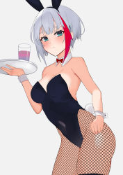Rule 34 | 1girl, absurdres, admiral graf spee (azur lane), animal ears, azur lane, bare arms, bare shoulders, black leotard, blue eyes, bow, bowtie, breasts, closed mouth, contrapposto, covered navel, cowboy shot, cup, detached collar, drinking glass, fake animal ears, fishnet pantyhose, fishnets, hairband, highres, holding, leaning forward, leotard, looking at viewer, medium breasts, multicolored hair, no bra, pantyhose, playboy bunny, rabbit ears, rabbit tail, short hair, silver hair, simple background, solo, standing, strapless, strapless leotard, streaked hair, tail, thighs, tray, white background, wrist cuffs, xochi (nueeen6978)