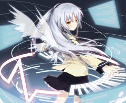 Rule 34 | 10s, 1girl, angel beats!, crost, floating screen, from behind, instrument, keyboard (instrument), long hair, looking back, ponytail, school uniform, science fiction, solo, tenshi (angel beats!), white hair, wings, yellow eyes