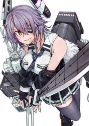 Rule 34 | 1girl, absurdres, bare shoulders, black gloves, black skirt, black thighhighs, blush, breast pocket, breasts, checkered clothes, checkered necktie, checkered neckwear, gloves, headgear, highres, holding, holding sword, holding weapon, jacket, kantai collection, large breasts, necktie, partially fingerless gloves, pleated skirt, pocket, purple hair, rigging, short hair, simple background, skirt, solo, sword, tadd (tatd), tenryuu (kancolle), tenryuu kai ni (kancolle), thighhighs, thighs, weapon, white background, yellow eyes