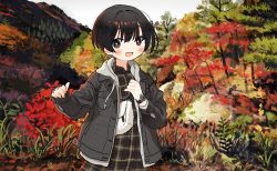 Rule 34 | 1girl, :d, absurdres, autumn, autumn leaves, black hair, dress, highres, huge filesize, jacket, mountain, nature, open mouth, original, outdoors, plaid, plaid dress, short hair, sleeves past wrists, smile, solo, tree, watch, wristwatch, zinbei