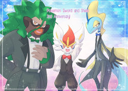 Rule 34 | 3boys, absurdres, animal ears, animal hands, animal nose, anniversary, arm behind back, arm up, artist name, big hair, black jacket, black pants, black skin, black vest, blue background, blue bow, blue bowtie, blue skin, blush, border, bow, bowtie, breast pocket, bright pupils, brown fur, buck teeth, buttons, cinderace, clothed pokemon, collared shirt, colored skin, copyright name, cowboy shot, creatures (company), english text, fangs, formal, furry, furry male, game freak, gen 8 pokemon, green bow, green bowtie, green hair, grey vest, hair between eyes, half-closed eyes, hand up, happy, highres, inteleon, jacket, kiri leonotis, light blush, long hair, long sleeves, looking at viewer, male focus, monkey boy, monkey ears, multiple boys, nintendo, open clothes, open jacket, open mouth, orange eyes, outline, pants, pocket, pokemon, pokemon (creature), puffy pants, rabbit boy, rabbit ears, rabbit tail, red bow, red bowtie, red eyes, red hair, reptile boy, rillaboom, shirt, short hair, signature, smile, sparkle, standing, suit, suspenders, teeth, traditional bowtie, vest, white border, white outline, white pupils, white shirt