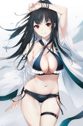 Rule 34 | 1girl, arm up, bare shoulders, bikini, black bikini, black hair, breasts, cleavage, closed mouth, collarbone, cowboy shot, criss-cross halter, emyo, floating hair, groin, halterneck, highres, jacket, large breasts, long hair, looking at viewer, navel, off shoulder, open clothes, open jacket, original, red eyes, sidelocks, smile, solo, swimsuit, thigh gap, thigh strap, white jacket