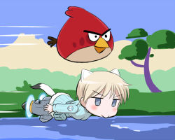 Rule 34 | &gt;:&gt;, 1girl, :&gt;, angry birds, animal, animal ears, beak, bird, blonde hair, blue eyes, blue sky, blush, brave witches, crossover, day, eyebrows, full body, grass, kaneko (novram58), machinery, military, military uniform, nikka edvardine katajainen, parody, plant, pun, red (angry birds), river, short hair, sky, strike witches, striker unit, tail, trait connection, tree, uniform, v-shaped eyebrows, volcano, water, weasel ears, weasel tail, world witches series