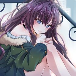Rule 34 | 1girl, ahoge, animal, bad id, bad pixiv id, blue eyes, blue sweater, blush, brown hair, buttons, cat, fur-trimmed jacket, fur trim, green jacket, hago, holding, ichinose shiki, idolmaster, idolmaster cinderella girls, idolmaster cinderella girls starlight stage, jacket, knees up, long hair, looking at viewer, off-shoulder, off-shoulder sweater, off shoulder, open clothes, open jacket, rain, sitting, smile, solo, sweater, thighs, wavy hair, wet, wet clothes, zipper