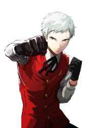 Rule 34 | 1boy, absurdres, bandaid, bandaid on face, black gloves, black ribbon, cardigan, closed mouth, gloves, grey eyes, highres, igusaharu, long sleeves, looking at viewer, male focus, neck ribbon, persona, persona 3, red cardigan, ribbon, sanada akihiko, shirt, short hair, silver hair, simple background, solo, upper body, white background, white shirt