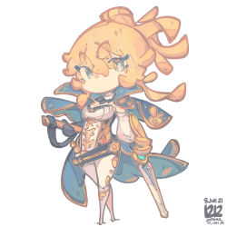 Rule 34 | 1girl, black gloves, blonde hair, blue cape, blue eyes, bodysuit, breasts, cape, chibi, cleavage, dated, detached sleeves, genshin impact, gloves, holding, holding sword, holding weapon, jean (genshin impact), jrpencil, looking to the side, short eyebrows, solo, sword, weapon, white bodysuit