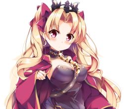 Rule 34 | 1girl, between breasts, black dress, blonde hair, blush, bow, breasts, cape, closed mouth, commentary request, detached collar, dress, earrings, ereshkigal (fate), fate/grand order, fate (series), fuuna, hair bow, head tilt, highres, infinity symbol, jewelry, large breasts, long hair, looking at viewer, necklace, parted bangs, pink eyes, purple bow, red cape, simple background, skull, solo, spine, tiara, tohsaka rin, two side up, very long hair, white background