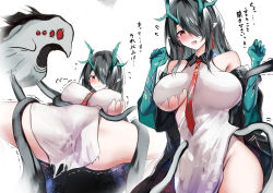 Rule 34 | 1girl, absurdres, arknights, bare shoulders, black coat, black hair, blush, breasts, closed mouth, coat, colored skin, cowboy shot, creature, dragon horns, dress, dusk (arknights), earrings, envy (arknights), flying sweatdrops, green hair, green skin, hair over one eye, hands up, highres, horns, jewelry, kokihanada, large breasts, long hair, motion lines, multicolored hair, open clothes, open coat, pointy ears, red eyes, simple background, spread legs, streaked hair, suspension, tentacles, tentacles under clothes, thighs, torn clothes, torn dress, translation request, two-tone hair, underboob, very long hair, w arms, white background, white dress