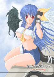 Rule 34 | 1girl, amami fuu, arc system works, asymmetrical wings, black gloves, blue hair, blue sailor collar, blush, breasts, cover, crop top, cutoffs, denim, denim shorts, dizzy (guilty gear), fingerless gloves, gloves, guilty gear, guilty gear xx, large breasts, long hair, midriff, no bra, pirate, red eyes, ribbon, sailor collar, shorts, sitting, smile, solo, tail, tail ornament, tail ribbon, underboob, wings