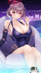 Rule 34 | 1girl, absurdres, anklet, azur lane, bare shoulders, breasts, cherry, cleavage, closed mouth, duca degli abruzzi (azur lane), duca degli abruzzi (lustrous onyx sirenetta) (azur lane), food, fruit, hair behind ear, hair between eyes, hair ornament, hairclip, halo, halterneck, highres, inflatable chair, jewelry, large breasts, mechanical arms, night, night sky, one-piece swimsuit, prosthesis, prosthetic arm, prosthetic hand, purple one-piece swimsuit, red eyes, seele0907, silver hair, single mechanical arm, sitting, sky, smile, swimsuit, thighs