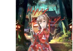Rule 34 | 1girl, abimaru gup, absurdres, alternate hairstyle, text background, blue eyes, closed mouth, day, english text, floral print, flower, forest, furisode, girls und panzer, grey hair, hair flower, hair ornament, hair up, hand on own chin, happy new year, highres, holding, holding weapon, itsumi erika, japanese clothes, kimono, lantern, long sleeves, looking at viewer, nature, nengajou, new year, obi, outdoors, panzerfaust, print kimono, red kimono, rock, sash, short hair, short ponytail, smile, solo, stairs, standing, temple, weapon, wide sleeves, wooden lantern