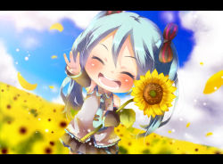 Rule 34 | 1girl, aqua hair, bow, chibi, female focus, flower, hair bow, hair ribbon, hatsune miku, letterboxed, nature, outdoors, ribbon, sky, smile, solo, sunflower, tottsuan, twintails, vocaloid