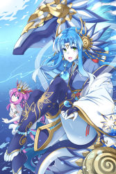 Rule 34 | 2girls, anklet, barefoot, blue eyes, blue hair, blush, circlet, claws, colored skin, coral, detached sleeves, dragon, dragon girl, fins, fish, flan (zhd91), green eyes, hair ornament, head fins, headdress, highres, horns, japanese clothes, jewelry, long hair, looking at viewer, looking back, magatama, mermaid, monster girl, multiple girls, necklace, open mouth, purple hair, puzzle &amp; dragons, siren (p&amp;d), sumire (p&amp;d), tail, thighhighs, tiara, toeless legwear, toes, underwear, wadatsumi dragon (p&amp;d), white skin