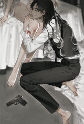 Rule 34 | 2girls, bare arms, bare legs, barefoot, bed, belt, black belt, black hair, black pants, black vest, blood, blood on clothes, bullet hole, denim, eriol s2, expressionless, full body, grey hair, gun, half-closed eye, hand on another&#039;s leg, handgun, head on another&#039;s leg, indoors, injury, jeans, kneeling, long hair, long sleeves, looking at viewer, lower body, multiple girls, on bed, original, panties, pants, parted lips, shirt, sitting, solo focus, toes, underwear, very long hair, vest, wavy hair, weapon, white eyes, white panties, white shirt, white sleeves, yuri