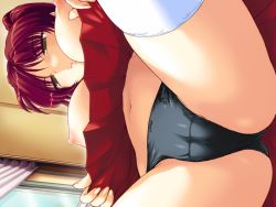 Rule 34 | 00s, 1girl, black panties, window blinds, blush, bow, bow panties, breasts, brown eyes, cameltoe, clothes lift, dutch angle, from below, game cg, indoors, kousaka tamaki, lace, lace-trimmed panties, lace panties, lace trim, large breasts, long hair, naughty face, navel, nipples, panties, pleated skirt, red hair, sitting, skirt, skirt lift, solo, splush wave, spread legs, st.germain-sal, thighhighs, to heart (series), to heart 2, topless, underwear, upskirt, white thighhighs, window