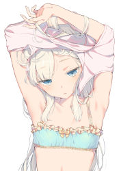 Rule 34 | 1girl, aida takanobu, armpits, arms up, blue bra, blue eyes, bra, breasts, character request, cinderella bust, collarbone, flat chest, frilled bra, frills, half-closed eyes, long hair, original, simple background, solo, underwear, undressing, upper body, white background, white hair