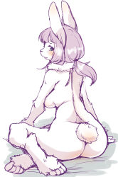 Rule 34 | 1girl, animal ears, ass, barefoot, blue eyes, blush, body fur, breasts, feet, female focus, from behind, furry, furry female, looking back, nude, original, ponytail, purple hair, rabbit ears, rabbit tail, setouchi kurage, sitting, solo, tail, toes, white fur