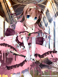 Rule 34 | 1girl, ahoge, blue eyes, blush, breasts, brown hair, cleavage, crown, dress, elbow gloves, frown, full-face blush, gloves, highres, jewelry, light rays, long hair, melting, miyase mahiro, monster girl, necklace, original, pantyhose, slime girl, solo, sunbeam, sunlight, sword, tenkuu no kuni no titania, weapon, white gloves, white pantyhose
