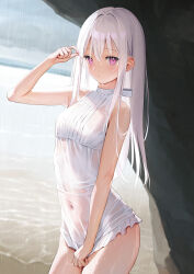 Rule 34 | 1girl, bare shoulders, breasts, highres, long hair, looking at viewer, mignon, original, purple eyes, rain, see-through, shiro-chan (mignon), simple background, sleeveless, small breasts, solo, swimsuit, thighs, water drop, wet, wet clothes, white hair