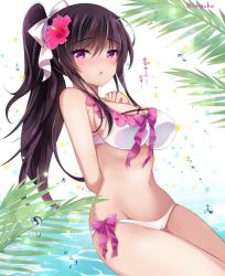 Rule 34 | 1girl, arm behind back, bare arms, bare shoulders, bikini, breasts, cleavage, commentary request, flower, frills, hair flower, hair ornament, hair ribbon, hand on own chest, ichiyou moka, large breasts, long hair, looking at viewer, navel, original, parted lips, pink flower, ponytail, purple eyes, purple hair, ribbon, solo, stomach, swimsuit, takanashi iori (ichiyou moka), thighs, twitter username, white bikini, white ribbon