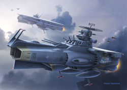 Rule 34 | battle, cloud, commentary request, cosmo falcon, earth (planet), energy cannon, fleet, flying, hangar, highres, kinoshita teitoku, launching, lights, machinery, muzzle, no humans, official style, original, planet, radar dish, radio antenna, realistic, roundel, science fiction, signature, spacecraft, starfighter, thrusters, turret, twitter username, uchuu senkan yamato, uchuu senkan yamato 2205: arata naru tabidachi, wave motion gun