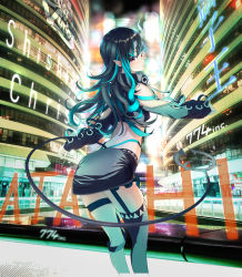Rule 34 | 1girl, nanashi inc., absurdres, belt, black hair, black jacket, black skirt, black thighhighs, blue belt, blue hair, botan (oacdrykafjf3g3d), building, character name, city, closed mouth, clothing cutout, commentary request, cropped jacket, cross-laced clothes, cross-laced sleeves, cyberpunk, demon girl, demon horns, demon tail, feet out of frame, garter straps, highres, horns, jacket, long hair, long sleeves, looking at viewer, looking back, multicolored hair, pointy ears, red eyes, shishio chris, shoulder cutout, single thighhigh, skirt, skyscraper, solo, sugar lyric, tail, thighhighs, two-tone hair, virtual youtuber, zipper skirt