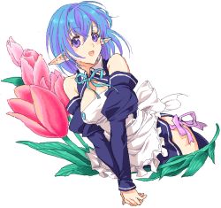 Rule 34 | 1girl, apron, bad id, bad pixiv id, blue hair, breasts, cosplay, detached sleeves, dosanko, dream c club, dream c club (cosplay), dream c club (series), female focus, flower, original, pointy ears, short hair, solo, waitress, white background