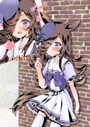 Rule 34 | 1girl, against wall, animal ears, black hair, breasts, closed mouth, commentary request, hair over one eye, twirling hair, highres, horse ears, horse girl, horse tail, long hair, looking at viewer, open mouth, purple eyes, rice shower (umamusume), school uniform, small breasts, solo, standing, tail, thighhighs, tracen school uniform, umamusume, waiting, wall, white background, yukiomi kizuki