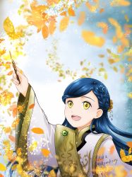 Rule 34 | 1girl, :d, blue hair, braid, bug, butterfly, flower, gem, green gemstone, hair flower, hair ornament, highres, holding, holding wand, honzuki no gekokujou, insect, long hair, myne (honzuki no gekokujou), open mouth, parted bangs, smile, solo, twitter username, upper body, wand, yellow eyes, yellow flower, yuuko24