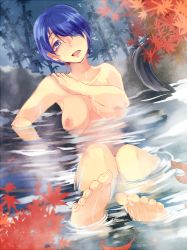 Rule 34 | 1girl, :d, autumn, autumn leaves, bad feet, bad id, bad pixiv id, barefoot, bathing, blue eyes, blue hair, blush, breasts, doremy sweet, falling leaves, feet, foreshortening, hair over one eye, hand on own shoulder, head tilt, large breasts, leaf, long hair, matching hair/eyes, nipples, nude, onsen, open mouth, partially submerged, rock, short hair, sitting, smile, soles, solo, steam, thighhighs, toes, touhou, towako (10wk0), water