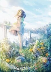 Rule 34 | 1girl, arms behind back, black eyes, black hair, blue sky, buttons, character request, closed mouth, clothes lift, cloud, cloudy sky, commentary request, copyright request, dress, dress lift, flower, full body, grass, hanada hyou, jacket, long hair, long sleeves, looking at viewer, mecha, open clothes, open jacket, outdoors, pink dress, pink flower, robot, ruins, sky, smile, socks, solo, white jacket, white socks, yellow flower