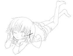 Rule 34 | 1girl, bad id, bad pixiv id, greyscale, hair ornament, hairclip, heart, hidamari sketch, lineart, looking at viewer, lying, monochrome, on stomach, quro, quro (black river), smile, solo, thighhighs, wink, yuno (hidamari sketch)