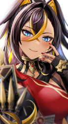 Rule 34 | 1girl, black gloves, blonde hair, blue eyes, blush, brown hair, closed mouth, dehya (genshin impact), fingerless gloves, gauntlets, genshin impact, gloves, hair between eyes, highres, looking at viewer, multicolored hair, nail polish, red nails, simple background, smile, solo, streaked hair, white background, yunamaro