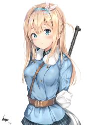 Rule 34 | 1girl, absurdres, belt, blue eyes, blue hairband, blue jacket, breasts, closed mouth, emimeku, girls&#039; frontline, gun, hair between eyes, hair bun, hair ornament, hairband, highres, jacket, light brown hair, medium breasts, off shoulder, one side up, side bun, simple background, single side bun, skirt, snowflake hair ornament, solo, striped clothes, striped skirt, submachine gun, suomi (girls&#039; frontline), suomi kp/-31, vertical-striped clothes, vertical-striped skirt, weapon, white background