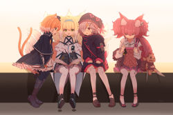 Rule 34 | 4girls, absurdres, animal ear legwear, animal ears, arknights, black capelet, black footwear, black gloves, black headwear, black jacket, black legwear, black skirt, blonde hair, blouse, blue hairband, book, boots, brown hair, capelet, cat ears, cat girl, cat tail, eyepatch, fingerless gloves, fox ears, fox girl, fox tail, frilled skirt, frills, gloves, green eyes, hair between eyes, hair ornament, hairband, hairclip, highres, holding, holding book, infection monitor (arknights), jacket, kitsune, kotayo, loafers, material growth, medical eyepatch, mousse (arknights), multicolored hair, multiple girls, multiple tails, open book, oripathy lesion (arknights), pantyhose, pleated skirt, popukar (arknights), profile, purple eyes, red eyes, red skirt, shamare (arknights), shirt, shoe soles, shoes, sitting, skirt, stuffed animal, stuffed dog, stuffed toy, suzuran (arknights), tail, tail raised, twintails, two-tone hair, two tails, white hair, white legwear, white shirt, x hair ornament