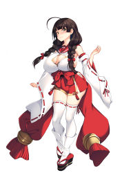 Rule 34 | 1girl, :&gt;, absurdres, ahoge, armpits, black eyes, braid, breasts, brown hair, cleavage, cleavage cutout, closed mouth, clothing cutout, detached sleeves, feet, female focus, full body, geta, groin, highres, japanese clothes, large breasts, legs, long hair, looking at viewer, miko, original, sandals, simple background, skirt, smile, socks, solo, standing, tachi-e, thighhighs, thighs, torisan, twin braids, white background, white footwear, wide sleeves, zettai ryouiki