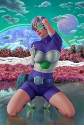Rule 34 | 1girl, absurders, absurdres, bodysuit, breasts, cheelai, cleavage, dragon ball, dragon ball super, dragon ball super broly, female focus, gloves, green-tinted eyewear, gronrevil, highres, lipstick, looking at viewer, makeup, outdoors, scouter, short hair, short sleeves, solo, tagme, thighs, tinted eyewear, white hair