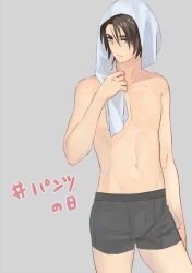 Rule 34 | 1boy, black male underwear, blue eyes, brown hair, expressionless, final fantasy, final fantasy viii, grey background, highres, holding, holding towel, male focus, male underwear, nini tw99, scar, scar on face, scar on forehead, short hair, simple background, solo, squall leonhart, topless male, towel, towel on head, underwear, underwear only, wet, wet face, wet hair