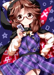 Rule 34 | 1girl, black cape, black hat, bolo tie, bow, brown eyes, brown hair, cape, card, cowboy shot, dark background, fedora, hand on own hip, hat, hat bow, highres, holding, holding card, long sleeves, looking at viewer, looking to the side, low twintails, medium hair, plaid, plaid skirt, plaid vest, purple skirt, purple vest, quimbaya airplane, red-framed eyewear, runes, ruu (tksymkw), semi-rimless eyewear, shirt, skirt, solo, touhou, twintails, usami sumireko, vest, white bow, white shirt, zener card