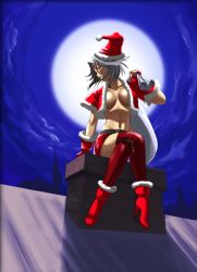 Rule 34 | 1girl, boots, breast curtains, breasts, chimney, female focus, hat, highres, large breasts, midriff, moon, namco x capcom, navel, outdoors, santa hat, saya (namco x capcom), silver hair, sitting, skirt, sky, smile, solo