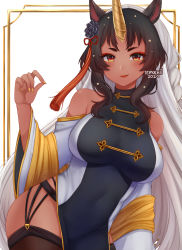 Rule 34 | 1girl, animal ears, black hair, blush, breasts, brown thighhighs, closed mouth, commentary, contrapposto, cowboy shot, dark-skinned female, dark skin, dress, english commentary, fingernails, flower, hair flower, hair ornament, hair tassel, hand up, highres, horns, horse ears, large breasts, long hair, long sleeves, looking at viewer, multicolored hair, nail polish, original, red eyes, single horn, smile, solo, tassel, tassel hair ornament, temachii, thighhighs, two-tone hair, white hair, wide sleeves, yellow nails