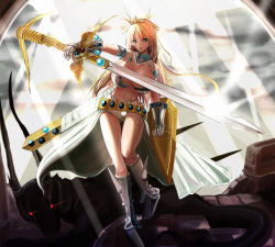 Rule 34 | 1girl, armor, bare shoulders, blonde hair, boots, breasts, cape, cleavage, code of princess, huge breasts, iwanishi, long hair, shield, solange blanchefleur de luxe, solo, sword, tiara, weapon