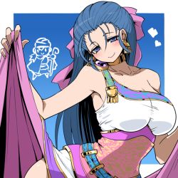 Rule 34 | 1boy, 1girl, armpits, bare shoulders, blue eyes, blue hair, blush, bow, breasts, chibi, choker, cleavage, clothes lift, dragon quest, dragon quest v, dress, earrings, flora (dq5), hair bow, hero (dq5), jewelry, kara age, large breasts, long hair, looking at viewer, matching hair/eyes, skirt, skirt lift, smile, solo, upper body